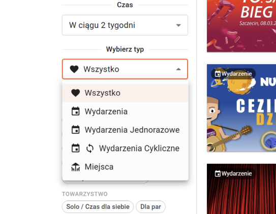 Podgląd przełącznika wydarzeń i miejsc w aplikacji